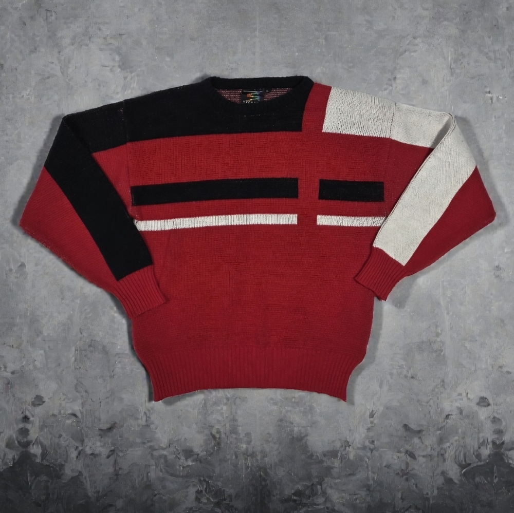 90s Spettro Pullover Sweater XL Acrylic Crewneck Knit Red White Black Streetwear